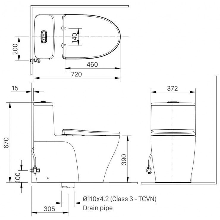 Bản vẽ kích thước bàn cầu Inax nắp rửa cơ AC-989 + CW-S15VN 1 khối 