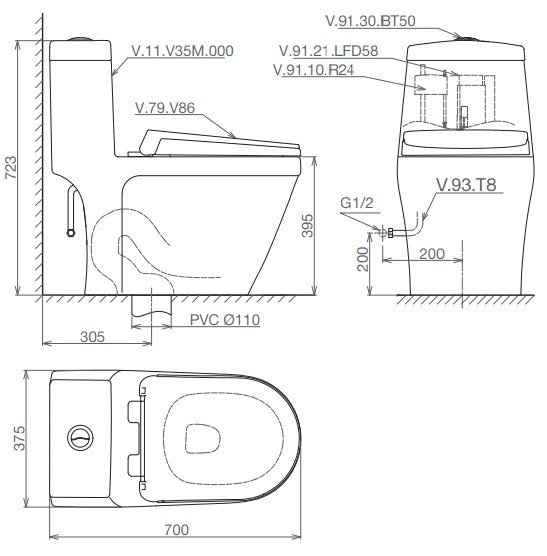 Bản vẽ bệ xí bệt V35 Viglacera 1 khối