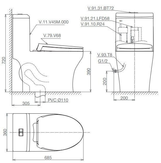 Bản vẽ bệ xí bệt V45 Viglacera 1 khối
