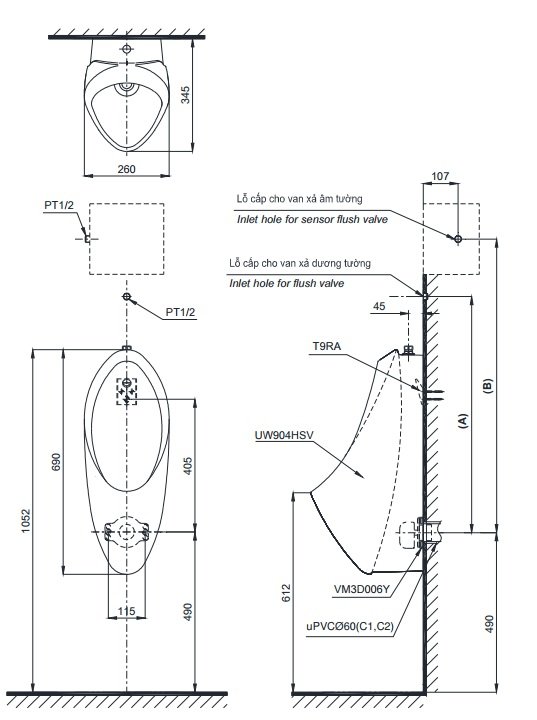 Bản vẽ kỹ thuật bồn tiểu nam TOTO UT904N