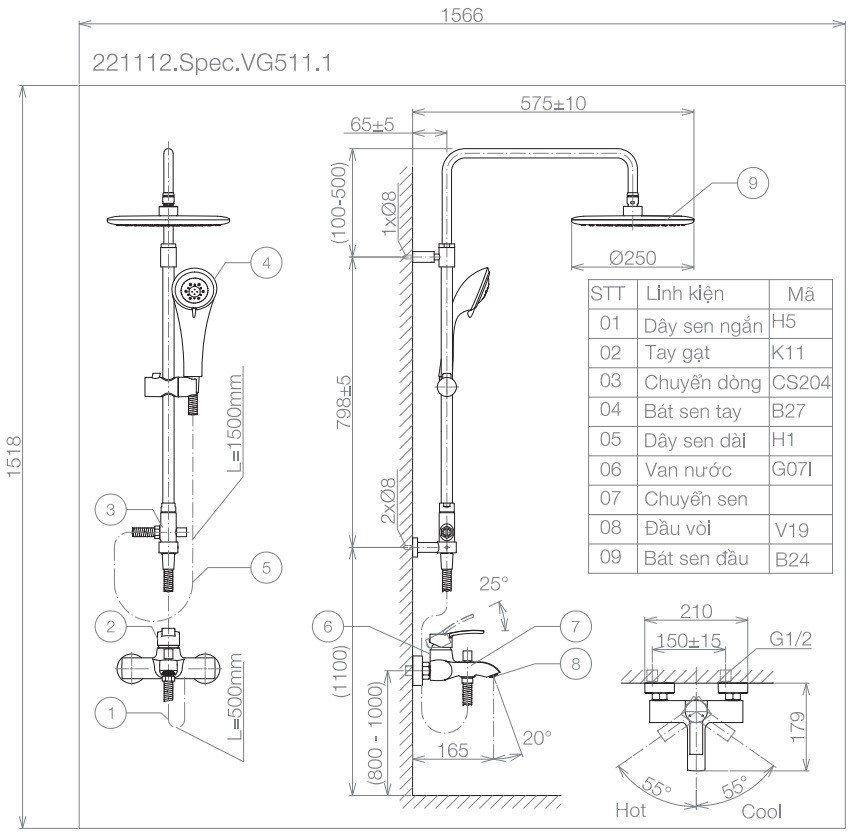 Bản vẽ kỹ thuật sen cây tắm hoa sen VG511.1